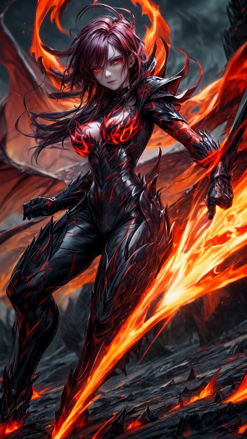masterpiece, highest quality, dragonlady queen, bright red glowing eyes, detailed eyes (1.4), scars on face, villainous expression, flaming skin body with bioluminescent glowing pattern, ready for battle, blurred stormy background, dark atmosphere, lighting in background,full body,