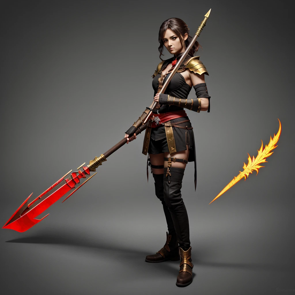 Create a weapon with a strong stick and upper part attached a two round blade and red and golden colour,theme is dark