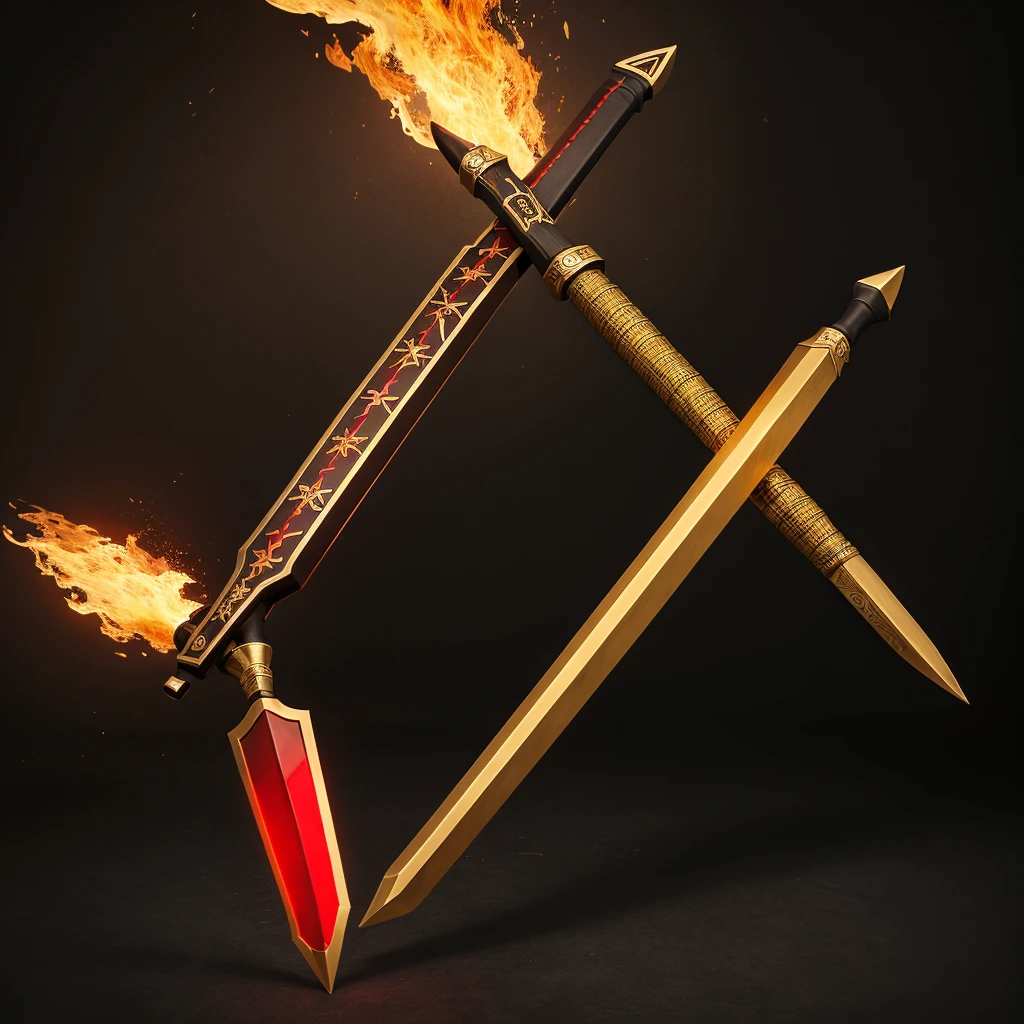 Create a weapon with a strong stick and upper part attached a two round blade and red and golden colour,theme is dark