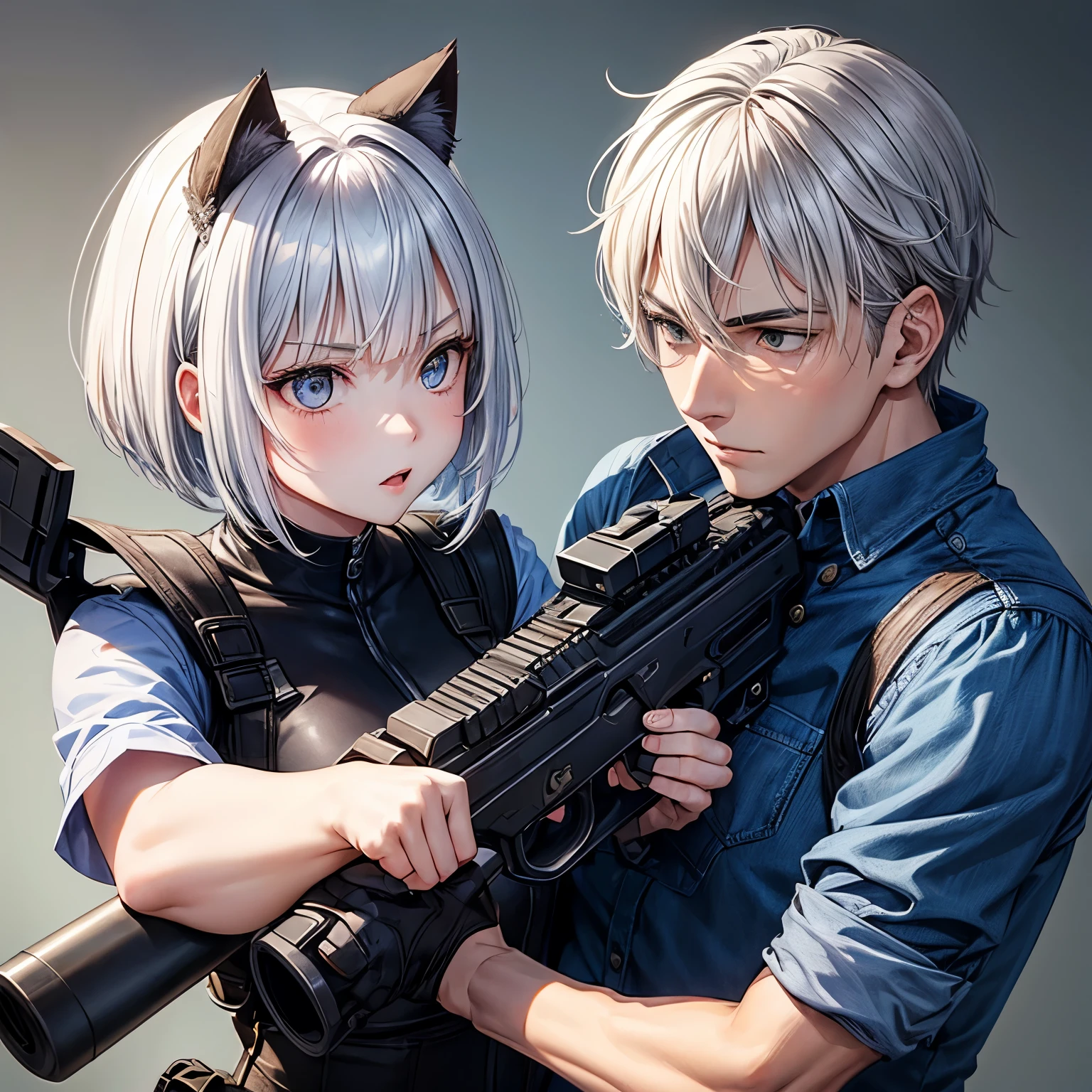 Couple、Man and woman with silver hair, He has a big gun、Cute girls and cool guys、Facing each other、Face close-up、Do not emphasize、Woman with short hair and cat ears