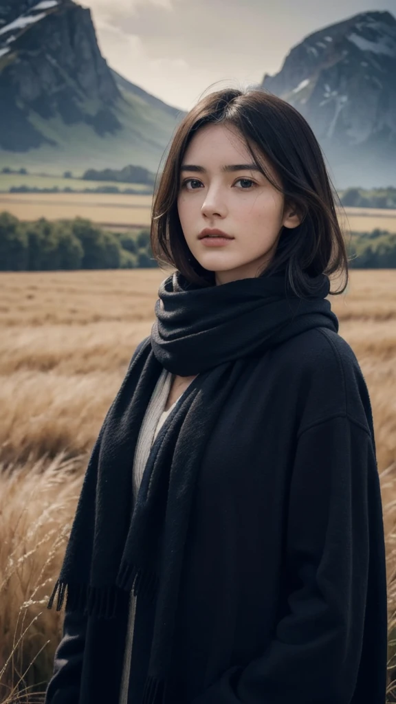 8k, best quality, masterpiece, realistic, ultra detail, photo realistic, Increase quality, 
a photo of a girl standing in a field with a scarf, in the style of dark and brooding designer, voluminous mass, photobash, serene faces, jagged edges, navy, natural beauty, close-up shot
