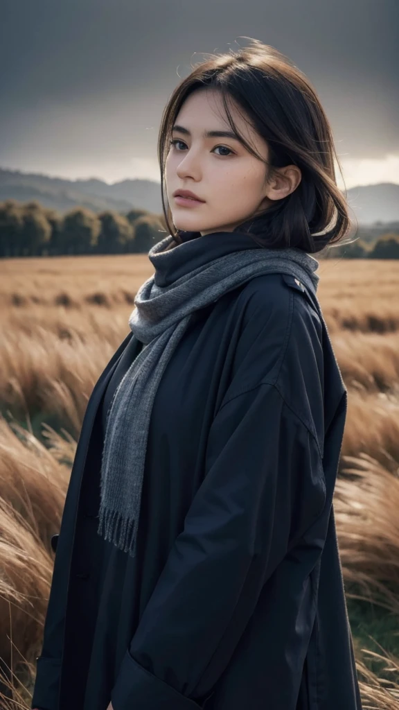 8k, best quality, masterpiece, realistic, ultra detail, photo realistic, Increase quality,
a photo of a girl standing in a field with a scarf, in the style of dark and brooding designer, voluminous mass, photobash, serene faces, jagged edges, navy, natural beauty, close-up shot