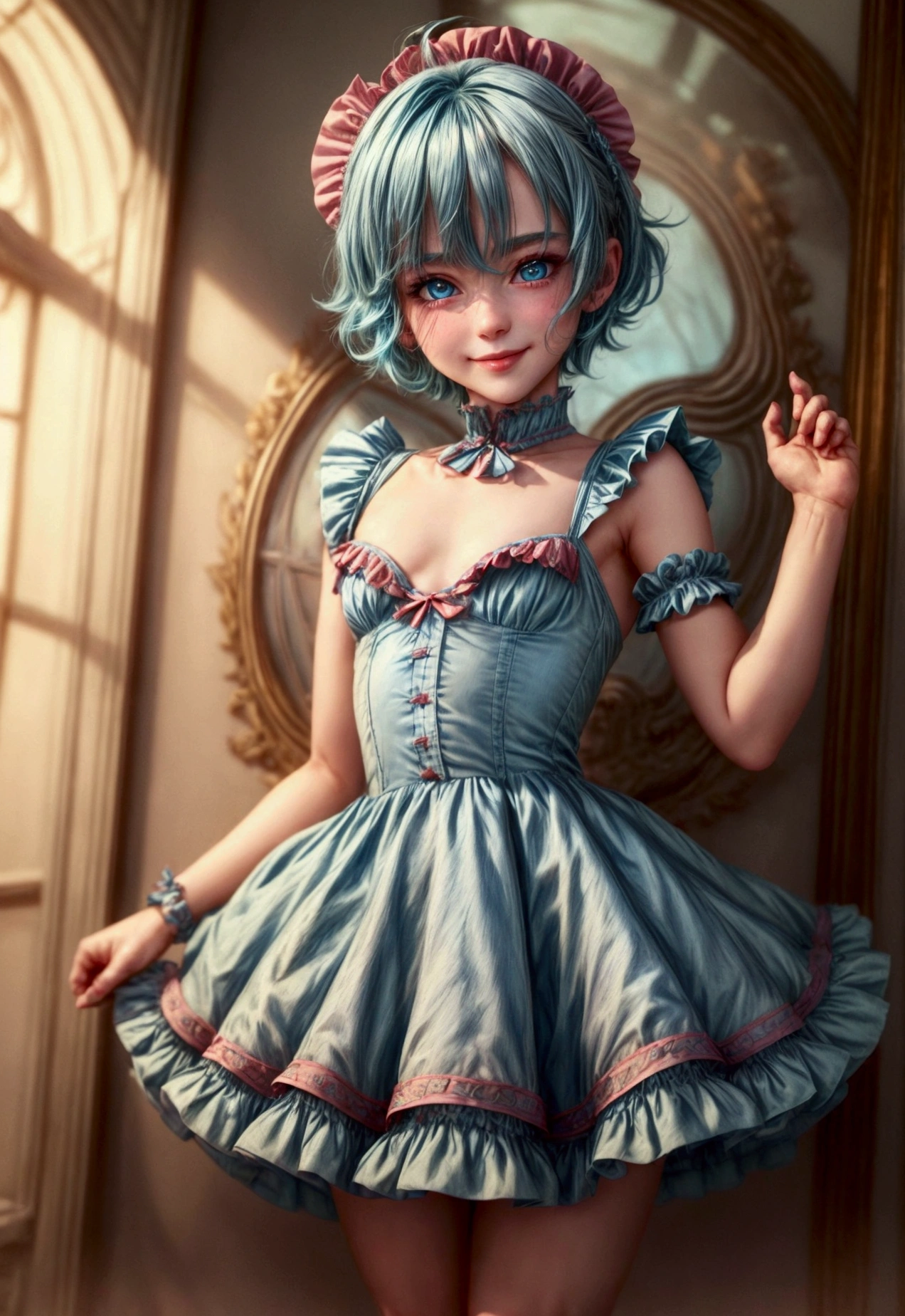 ((best quality)), ((masterpiece)), (detailed), femboy, blue aqua hair, blue eyes,short hair,( flat chest), thin body, big butt, cute face,blush on face, smile face, frilled dress, short dress, red color dress, sexy pose, hot pose, globe background