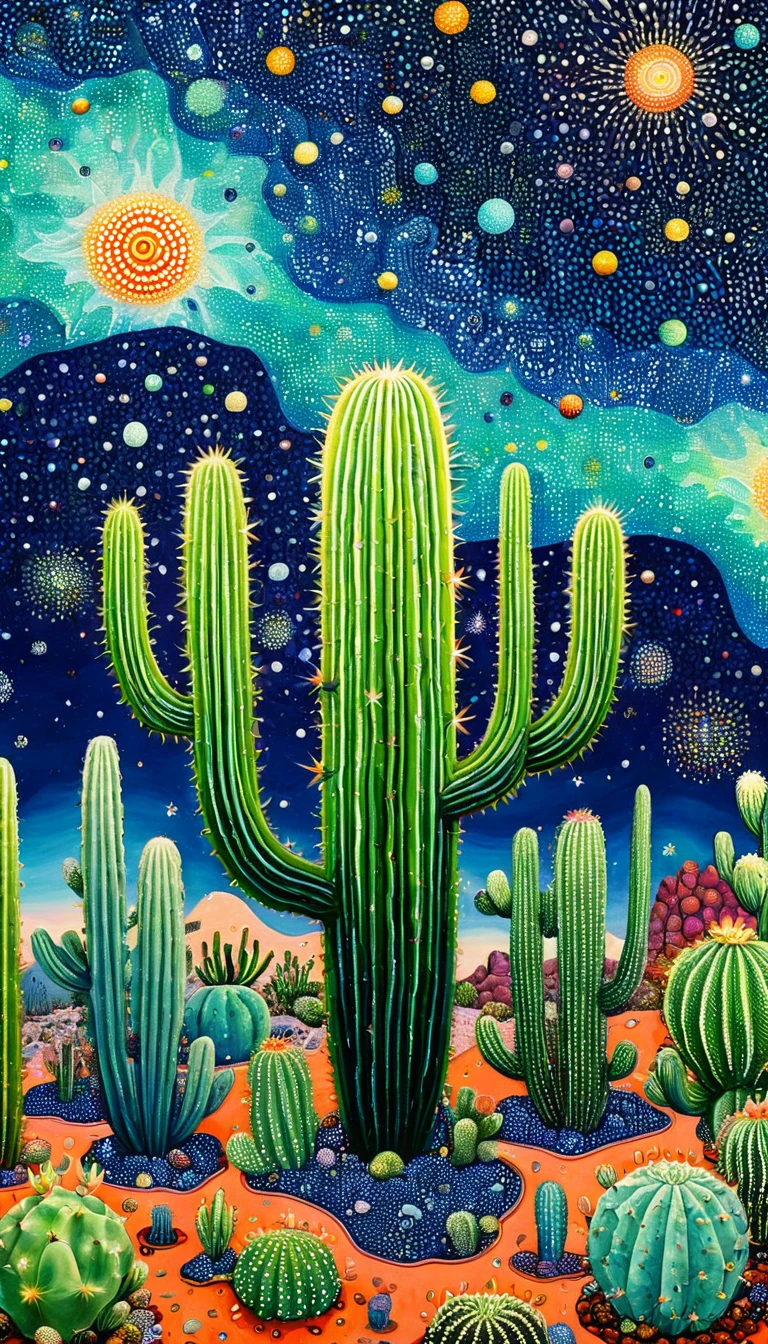 plantar、Marine life、Ojo、Starry sky，An abstract painting in the joint，Describing the inner world of autistic people，cactus、Sense of space，blank space，Pointillism method，psychedelic art，interesting：1.5。Trypophobia