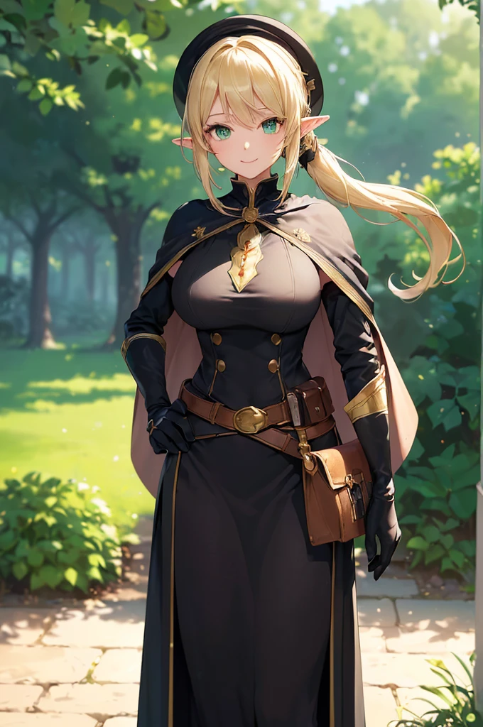 (((masterpiece; best quality: 1.2))), (finely detailed eyes: 1.3), (25 year old elf woman), (solo), (green eyes: 1.4), (body; big breasts, fit, femenine: 1.3), (silky blonde hair in low ponytail: 1.3), (beautiful and clear background: 1.2), ((depth of field)), (equipment: adventurer garb + modest + elegant wide-brimmed hat + dark blouse + dark cape + black long skirt + gloves + belt + pouches: 1.3), (anime illustration: 1.2), (background composition; royal garden: 1.1), (extremely fine and beautiful: 1.1), (shot composition; standing + centered on torso + close-up: 1.5), (expression; calm, smile: 1.2)