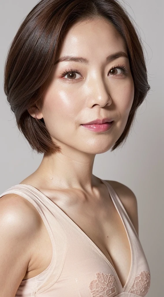Sharpen, Flat color background, ((up of face:1.3)), gravure, masutepiece, Best Quality, Ultra-detailed, Photorealistic, super detailed skin, Perfect Anatomy, (1 japanese mature woman), (Solo), 90 years old, panties on, bra very, Keep your mouth tightly closed, Large breasts, Mature AV Actress, glamor, A sexy, Chromo-white skin, Looking at Viewer,