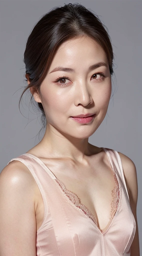 Sharpen, Flat color background, ((up of face:1.3)), gravure, masutepiece, Best Quality, Ultra-detailed, Photorealistic, super detailed skin, Perfect Anatomy, (1 japanese mature woman), (Solo), 90 years old, panties on, bra very, Keep your mouth tightly closed, Large breasts, Mature AV Actress, glamor, A sexy, Chromo-white skin, Looking at Viewer,