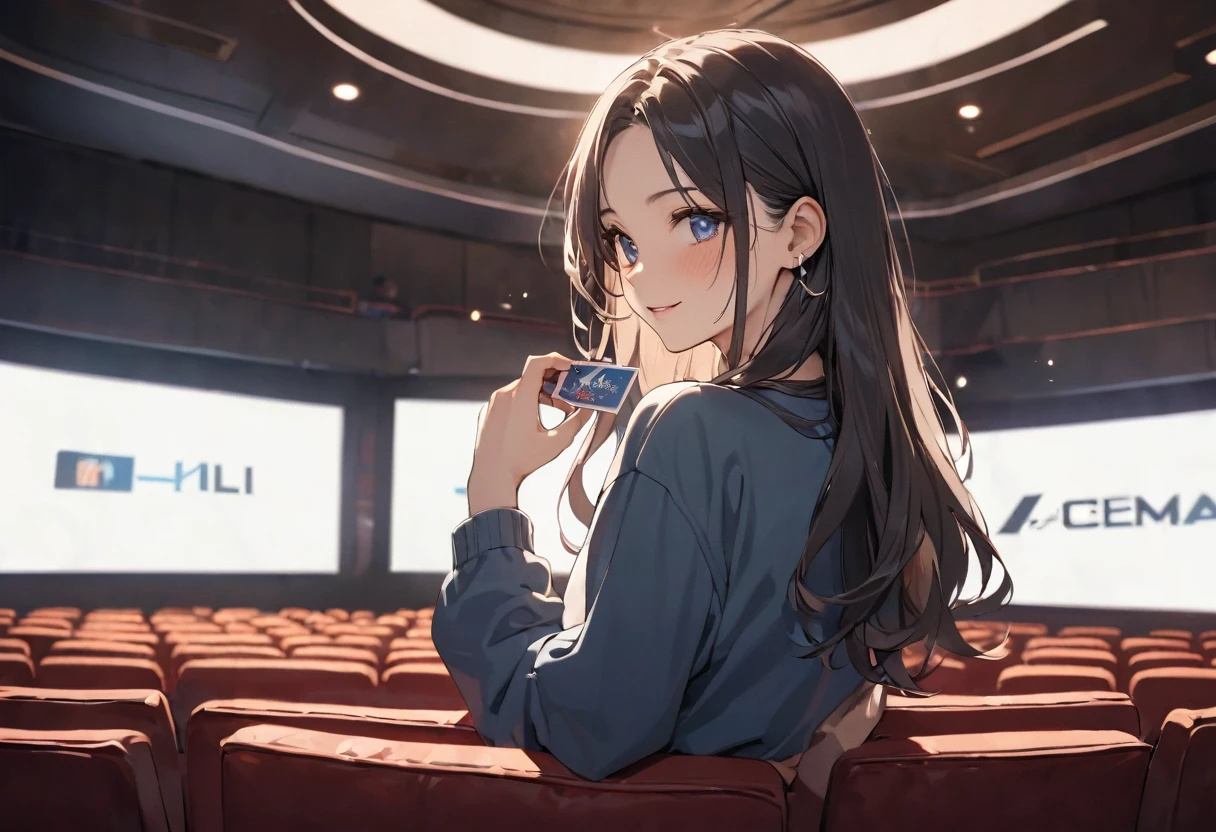 (Characters appear word of "1111"), (a forehead blue hair long hair cute girl, blue eyes, cute smile, hand holding Number Card of) (((("1111")))) on to cinema screen, BREAK, perfect anatomy, masterpiece, best quality, 16k, beautiful detailed cinema, daydreaming expression.