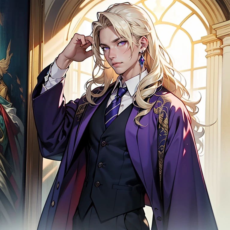 ((masterpiece)), (((best quality))), solo, 1 male, wizard, pale white skin, white-blonde hair, long hair, curly hair, handsome man, bright purple eyes, tall, robes, waistcoat, dress-shirt, simple earrings, highest quality, highly detailed, original, high resolution CG Unit 8k wallpaper, (best quality, artwork, masterpiece, 4k)