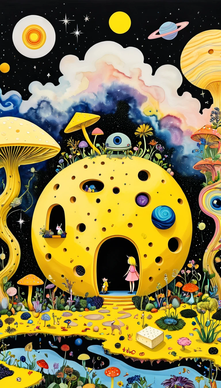 Intense visual fusion of various elements，broto，microorganism、plantar、Cheese house、Eye、wild animal life，Stitching an abstract painting，Describing the inner world of autistic people，Sense of space，blank space，interesting，innocence，psychedelic art，blue and yellow and black,