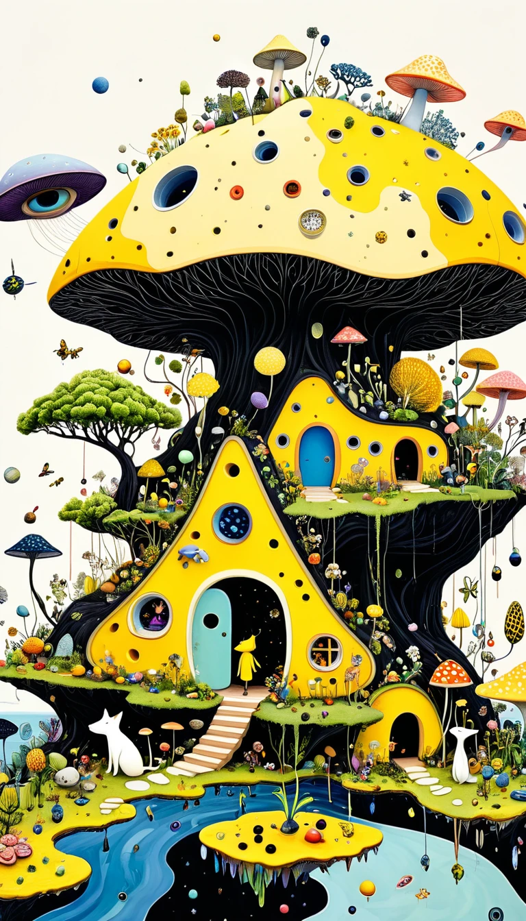 Intense visual fusion of various elements,broto,microorganism、plantar、Cheese house、Eye、wild animal life,Stitching an abstract painting,Describing the inner world of autistic people,Sense of space,blank space,interesting,innocence,psychedelic art,yellow and black,3d