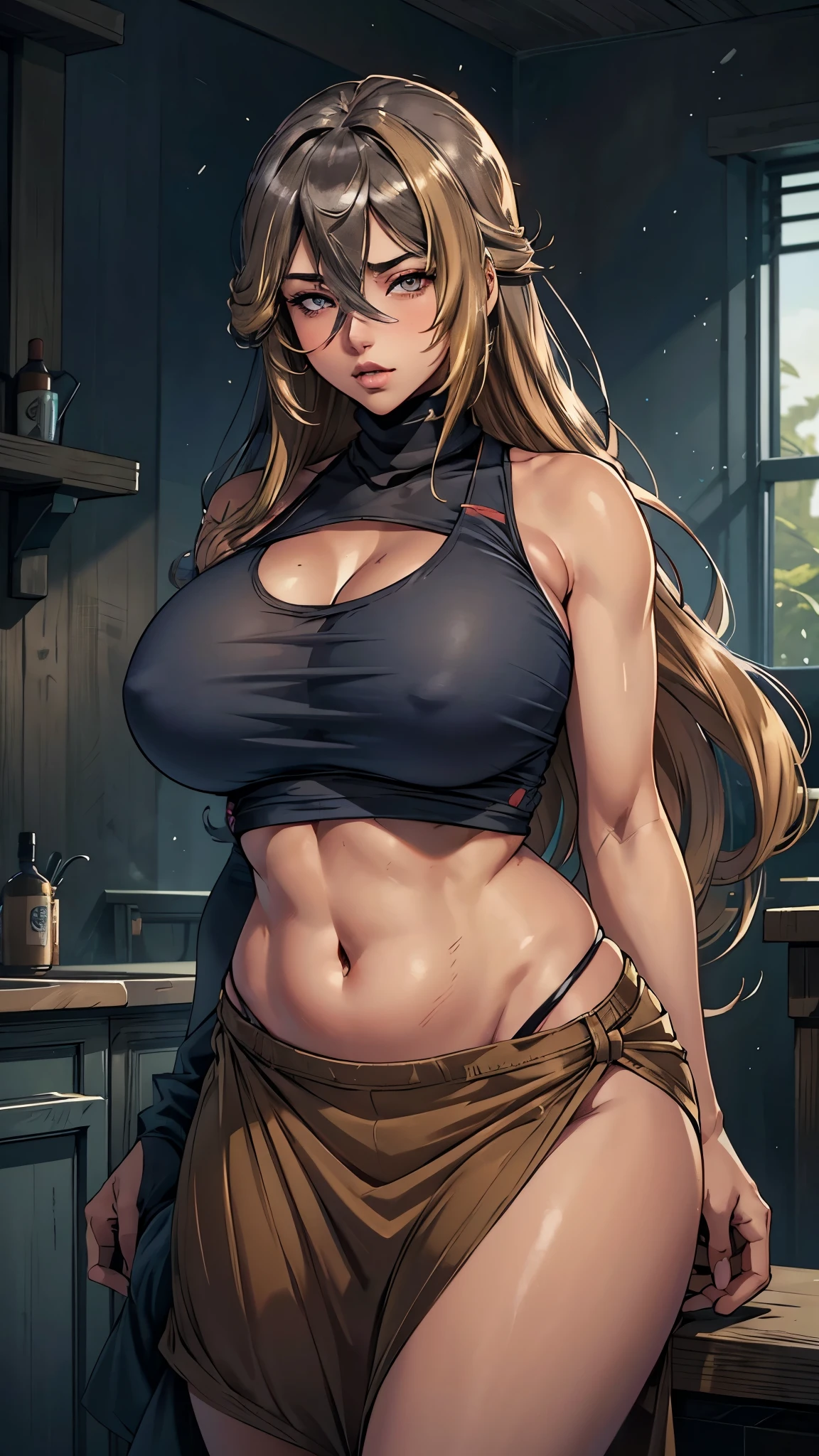 A unique illustrated character with a manga style, featuring long, straight hair in a blend of gray and light brown tones. Her large, expressive eyes are a striking blue, while her nose and plump lips add to her charm. She is wearing a navy tank top that accentuates her figure, giving her a confident and alluring presence.