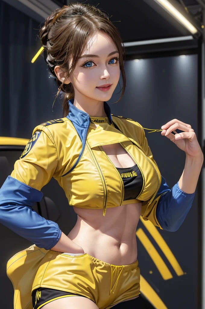masterpiece, ((best quality)), 4K, ultra-detailed, photorealistic, (1 girl), (upper body), (A fascinating eye for perfect detail:1.2), (provocative smile), (blue eyes), (very big breasts), (race queen costume), ((yellow cropped jacket)), ((yellow shorts)), ((black thigh boots)), ((standing on the circuit))