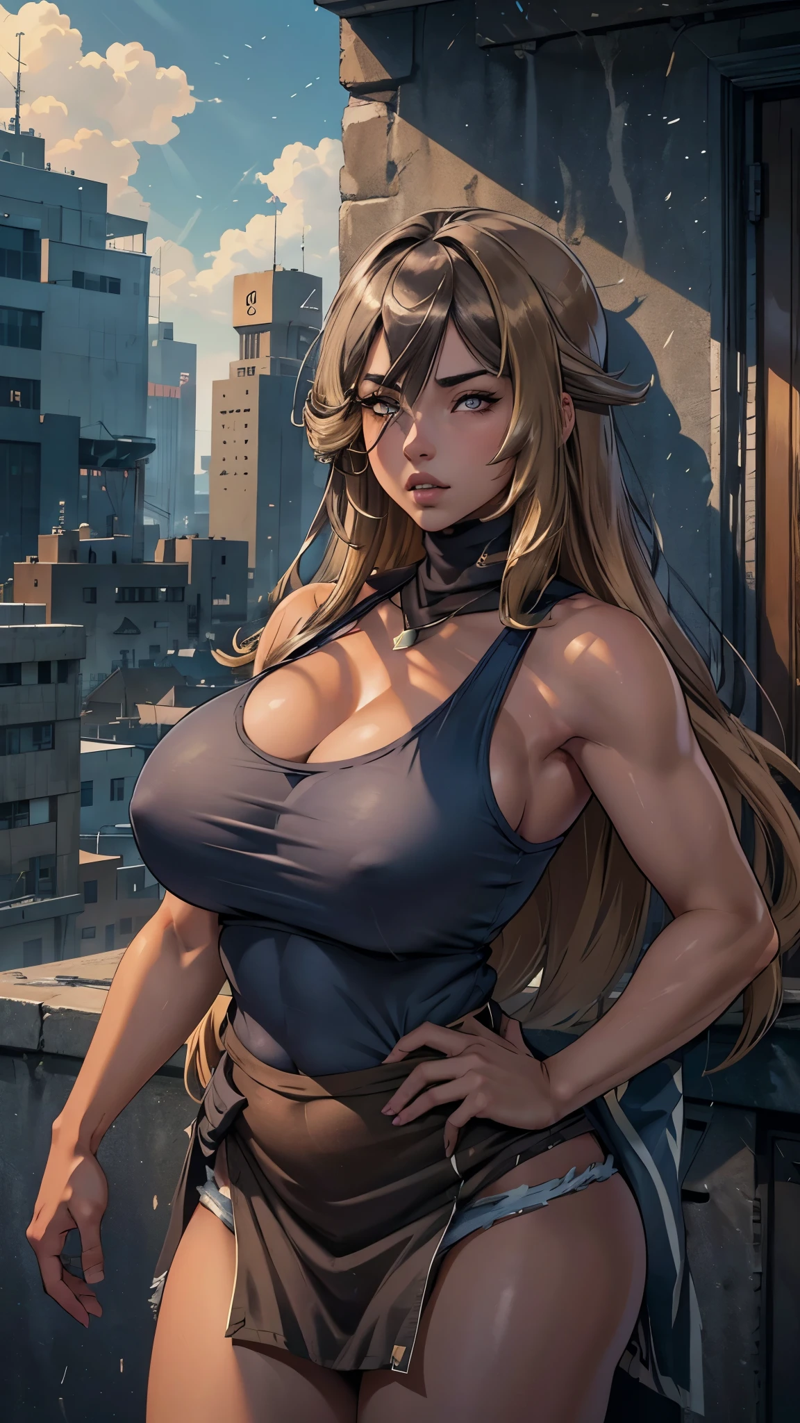 A unique illustrated character with a manga style, featuring long, straight hair in a blend of gray and light brown tones. Her large, expressive eyes are a striking blue, while her nose and plump lips add to her charm. She is wearing a navy tank top that accentuates her figure, giving her a confident and alluring presence.