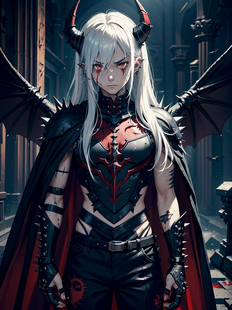 1boy, masculine, demon, spiky messy white long hair, red eyes, blood tears, ear piercings, face piercings, blood, scars, tattoos, bats, mechanical arms, wearing black robot armor, knight, wearing black fur cloak, mechanical wings, mechanical horns, graveyard, night, high res, ultrasharp, 8k, masterpiece, looking at viewer