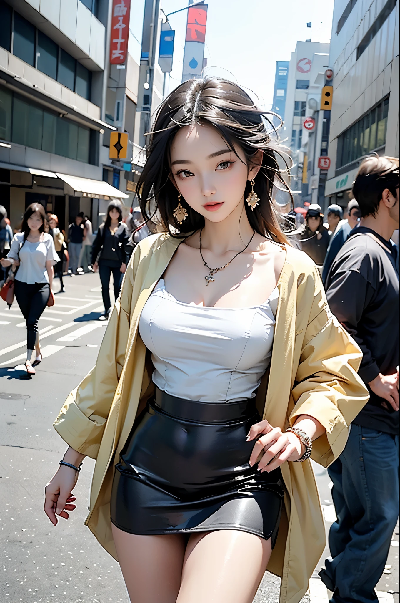 (best quality,4K,8K,high resolution,masterpiece:1.2),Extremely detailed,(Practical,photoPractical,photo-Practical:1.37), An enchanting and hyperfeminine Japanese cartoons illustration of a woman with a perfect hourglass figure, Showing off her plump and full breasts. She wore a stylish designer tube top, mini skirt, and a stylish jacket. Accessorize with exquisite necklaces and bracelets, She walks confidently on the bustling streets of the metropolis. Brilliant colors, creating a perfect composition that captures the essence of urban fashion and Japanese cartoons style., Japanese cartoons, illustration