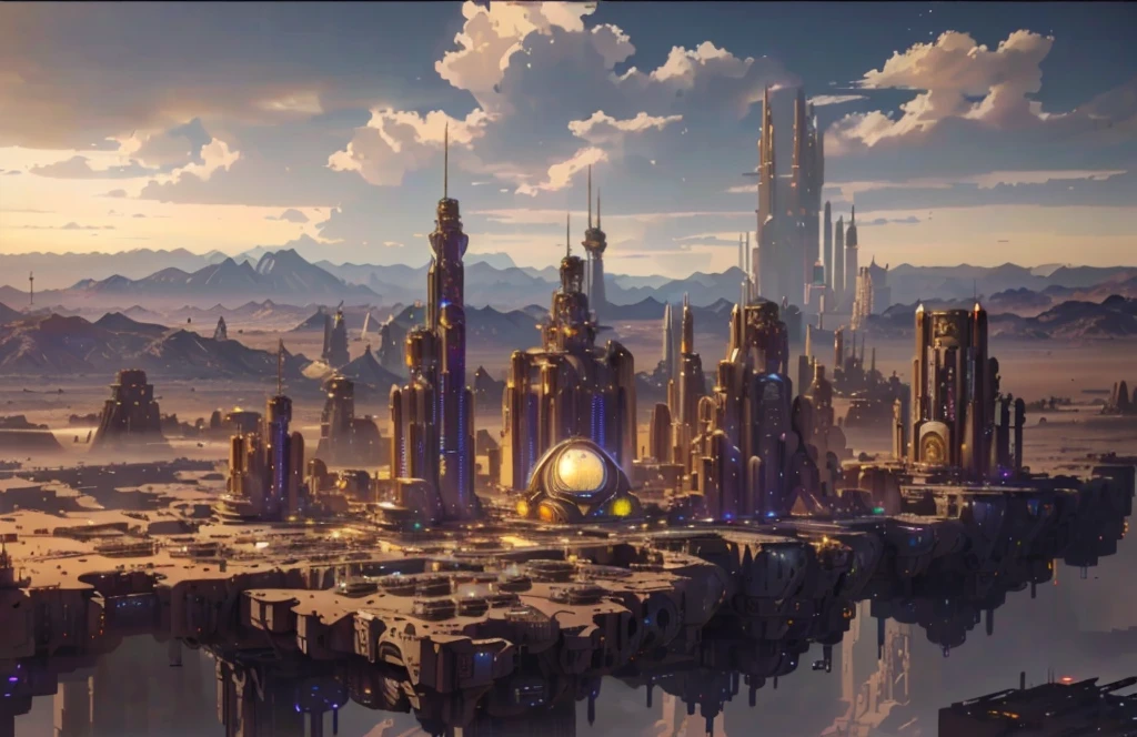 futuristic city in the middle of a desert with mountains in the background, big and structured valhalla city, ancient sci - fi city, huge futuristic temple city, anime concept hdr anime macmanus, epic 8 k hd anime shot, in front of a fantasy city, intricate ornate anime cgi style, in fantasy sci - fi city, fantasy capital city, ancient steampunk city，futuristic city in the middle of a desert with mountains in the background, big and structured valhalla city, ancient sci - fi city, huge futuristic temple city, anime concept hdr anime macmanus, epic 8 k hd anime shot, in front of a fantasy city, intricate ornate anime cgi style, in fantasy sci - fi city, fantasy capital city, ancient steampunk city