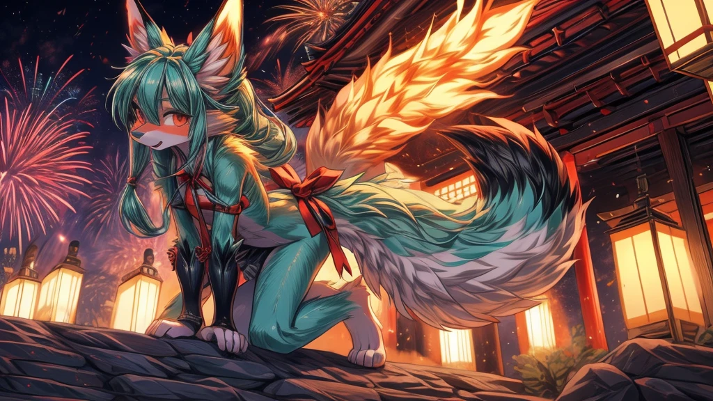 The best quality, Japanese adolescent hatsune miku x kitsune , fox face elongated snout add-detail, Surprise face, sweaty body, heated add_detail,, kitsune warrior in summer matsuri, ffireworks in the background add_detail:1, barefoot add_detail:1 mistycal aura, demon slayer style