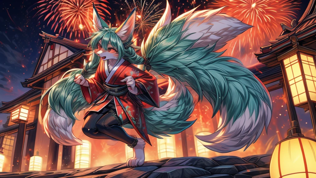 The best quality, Japanese adolescent hatsune miku x kitsune , fox face elongated snout add-detail, Surprise face, sweaty body, heated add_detail,, kitsune warrior in summer matsuri, ffireworks in the background add_detail:1, barefoot add_detail:1 mistycal aura, demon slayer style