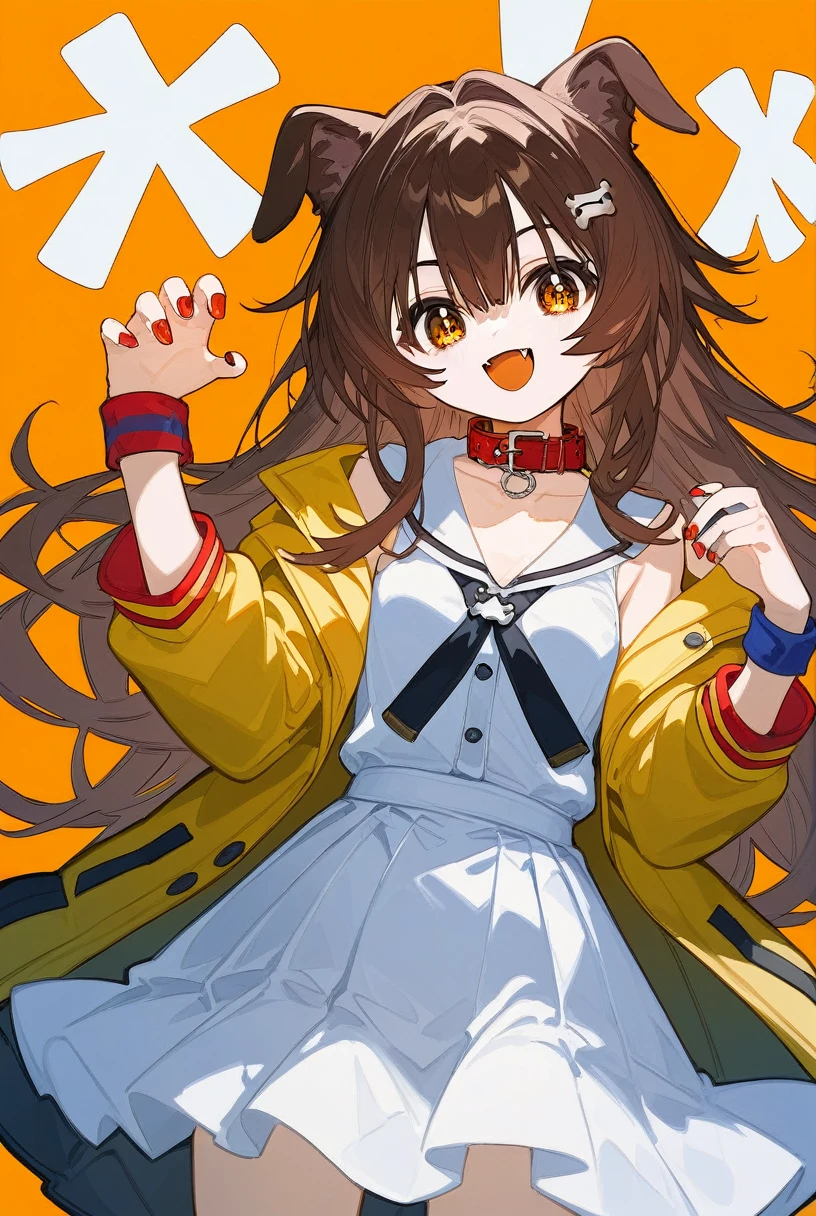 (Fraction_9,Fraction_8_up,Fraction_7_up,Fraction_6_up,Fraction_5_Direction_4_up), 1 Girl, Virtual YouTuber, Inugami Cologne, Animal ears, Solitary, bone Hair accessories, Brown hair, Hair accessories, twin Weavings, skirt, Weaving, Claw, Dog ears, white skirt, Simple background, yellow jacket, Looking at the audience, jacket, Nail polish, collar, Long hair, open mouth, red collar, Hair between the eyes, Bangs, Orange background, Wristband, Dog Girl, low twin Weavings, Smile, Fangs, Brown eyes, animal collar, Jewelry, bracelet, open jacket, Feet out of frame, Buttons, Hairpin, Open clothes, short skirt, collarbone, Long sleeve