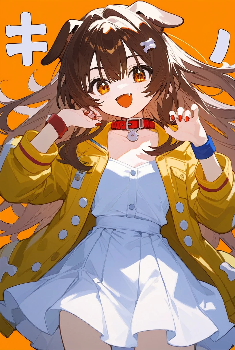 (Fraction_9,Fraction_8_up,Fraction_7_up,Fraction_6_up,Fraction_5_Direction_4_up), 1 Girl, Virtual YouTuber, Inugami Cologne, Animal ears, Solitary, bone Hair accessories, Brown hair, Hair accessories, twin Weavings, skirt, Weaving, Claw, Dog ears, white skirt, Simple background, yellow jacket, Looking at the audience, jacket, Nail polish, collar, Long hair, open mouth, red collar, Hair between the eyes, Bangs, Orange background, Wristband, Dog Girl, low twin Weavings, Smile, Fangs, Brown eyes, animal collar, Jewelry, bracelet, open jacket, Feet out of frame, Buttons, Hairpin, Open clothes, short skirt, collarbone, Long sleeve