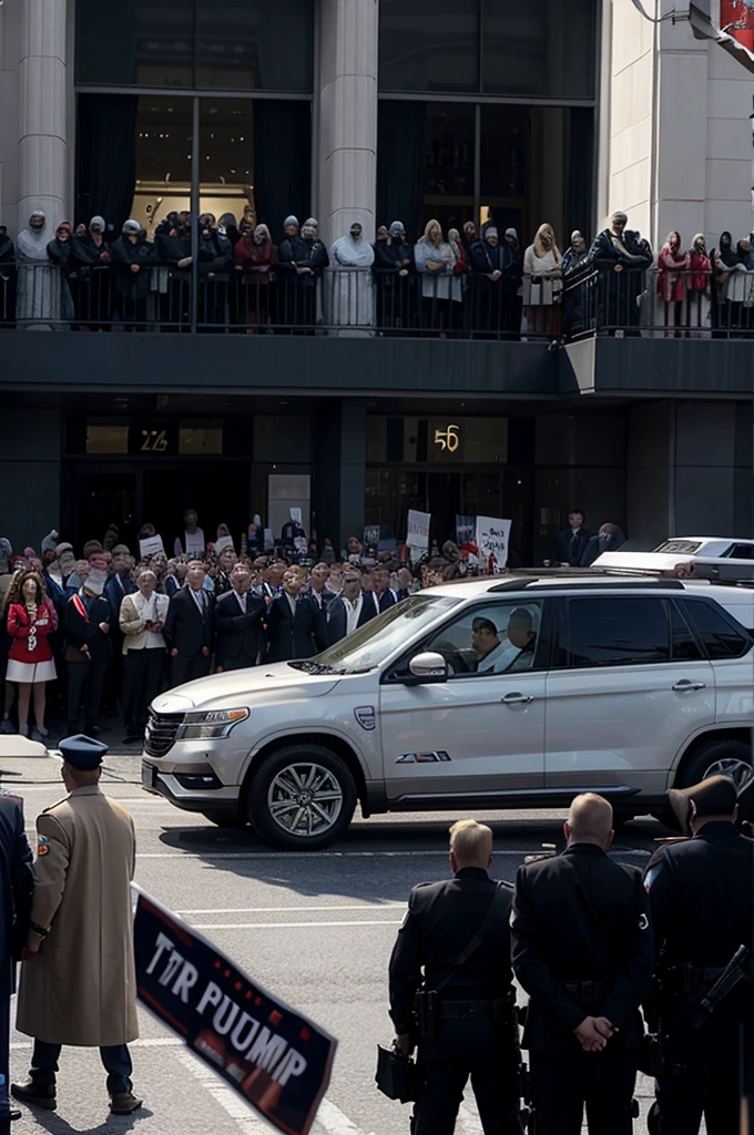 picture of Donald trump campaigning in the crowd. equipped with security systems such as cars next to donald trump, snipers on the roof of the building and the presidential guard surrounding donald trump.