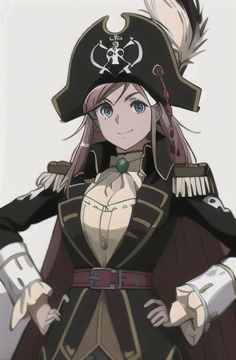 masterpiece, best quality, 1girl, detailed face and eyes, upper body, big breasts, cleavage, smile, hand on hips, Katou Marika, pirate costume, pirate hat, skirt