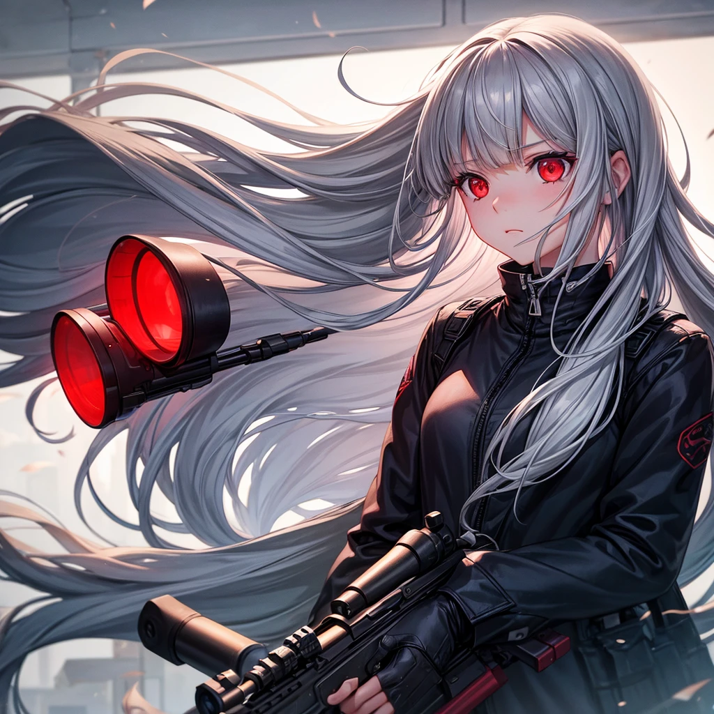 One girl, Long Hair, High resolution, Gaze, Food, Gray Hair, Simple Background, far and near method, Illustration, Hair blowing in the wind, Deco bangs, Red eyes, Sad, had a rifle