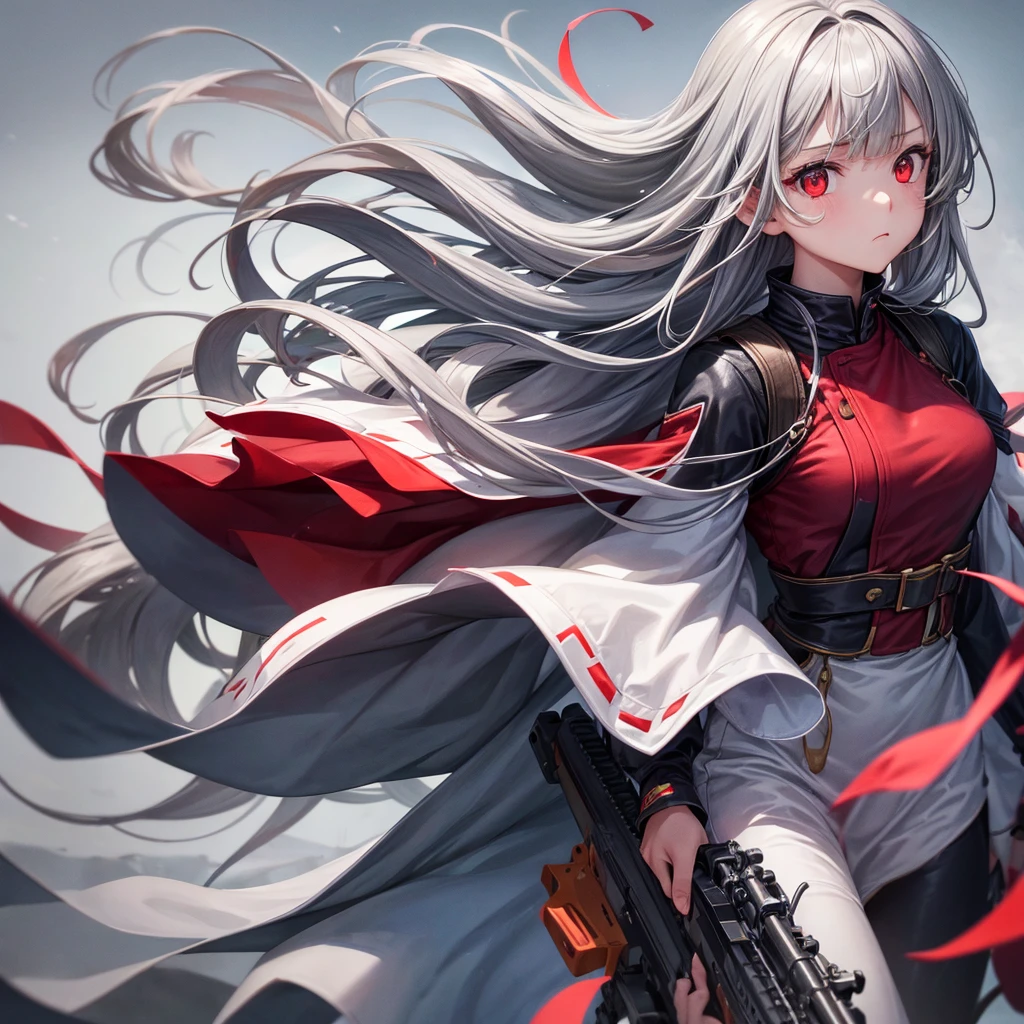 One girl, Long Hair, High resolution, Gaze, Food, Gray Hair, Simple Background, far and near method, Illustration, Hair blowing in the wind, Deco bangs, Red eyes, Sad, had a rifle