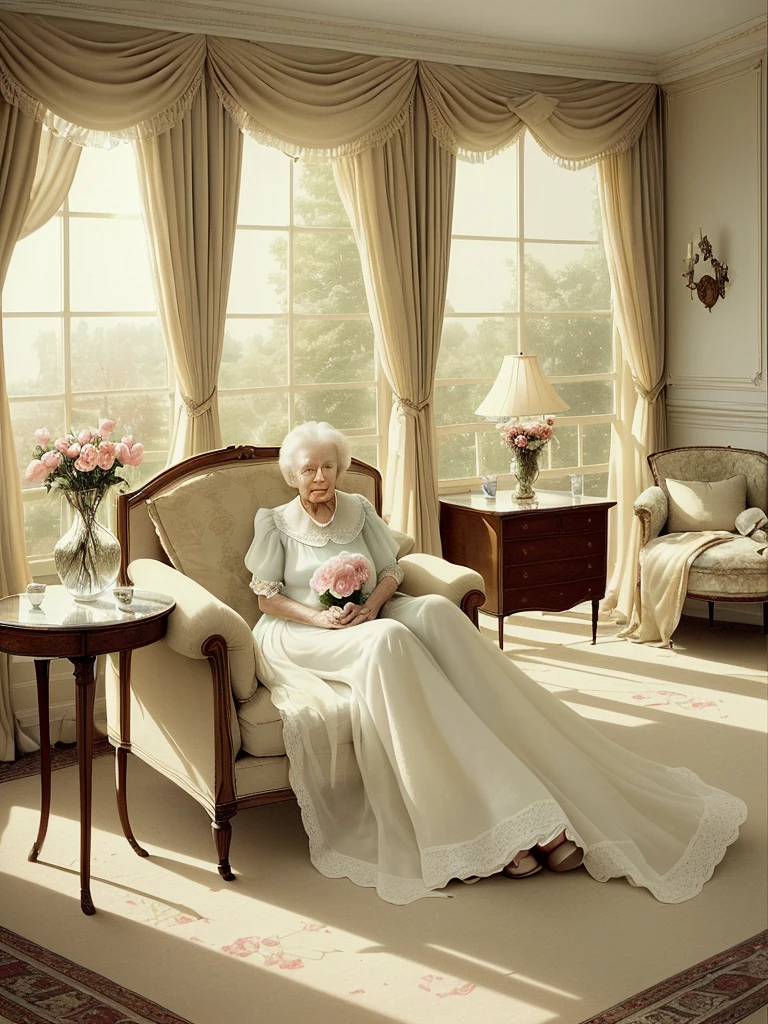 In a large room, with elegant furniture , wide windows and transparent curtains showing the spring outdoor scenery. An 80-year-old woman sits next to the window in an elegant nightgown and slippers. ,calmly drink your coffee, in a sunny morning atmosphere, on the side table an elegant vase with roses , elegant carpet and a passageway