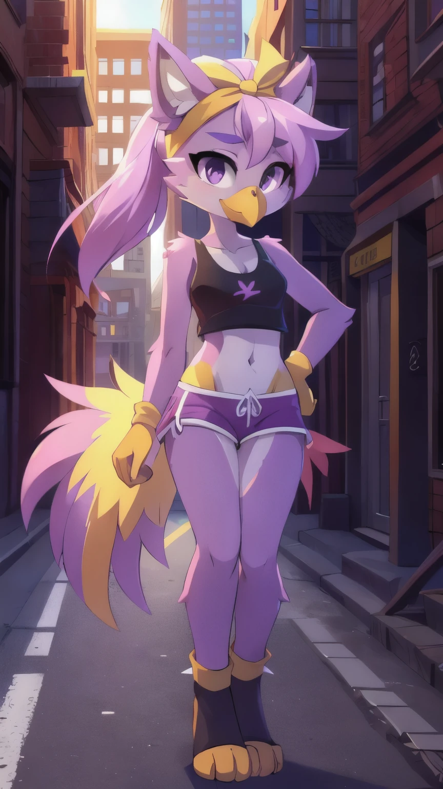 score_9,score_8_up,score_7_up, source_cartoon, source_furry, Furry girl, bird, yellow bird beak, lilac hair, short spiky hairstyle, short spiky ponytail, anime style, small breasts, purple eyes, big eyebrows, animal ears, ((yellow headband with ribbon, black tank top, midriff, pink swim trunks, black pedal socks)), high quality, detailed body, detailed eyes, detailed face, masterpiece, glistening body, detailed body fur, best quality, clear purple body fur, skinny, back avian wings, avian, detailed hands, perfect lighting, perfect shadows, perfect eyes, perfect hair, perfect face, gorgeous body, street, clear Sky, full body, ((yellow feets, feets with three toes, 3 toes)), random pose,