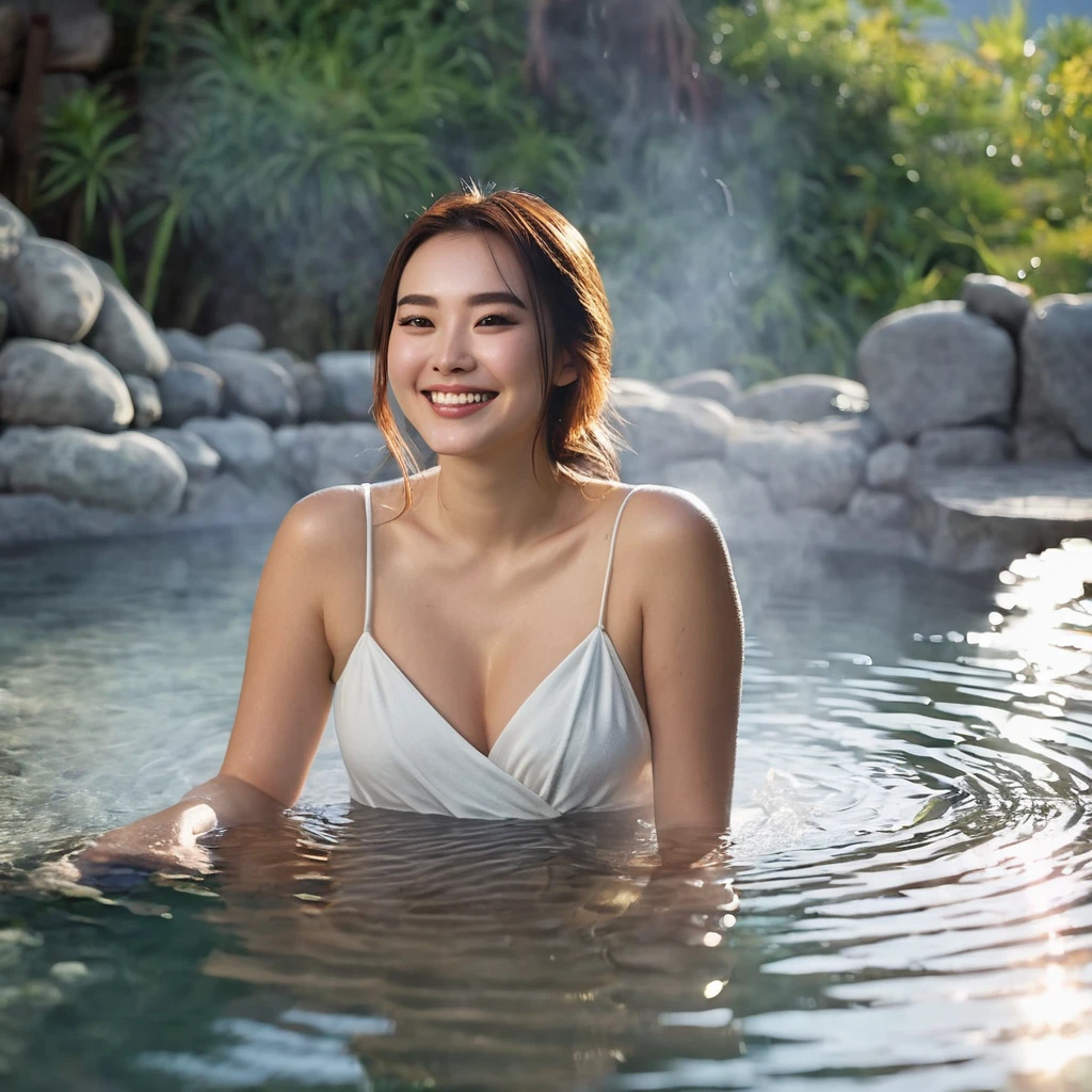 young woman, 20 year,.She sits on a warm, hot spring.. She smiles with pleasure, savoring the' , rubi, braided hair, your clothes and your body. boyfriend, Soft, long view, eyes large,lips wide open, don'pink summer, a belt intensifies your high waist. Especially use blue, Long trench, flower coat. (rubi, pretty long hair, two braids ) (dripping humida hair), clothes dripping humida,humida, transparentes, (Voir à travers), stiff breasts, ((niplles)), without bra, Generous shape, whole body, standing,