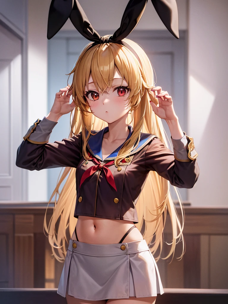 (masterpiece, best quality, highly detailed, ultra detailed, high resolution, absurdres, 4K, 8K:1.2), 
BREAK,shimakaze uniform:1.5, 10 years GIRL,Blonde_HAIR,RED eyes,(RED Ribbon on HAIRband:1.2)