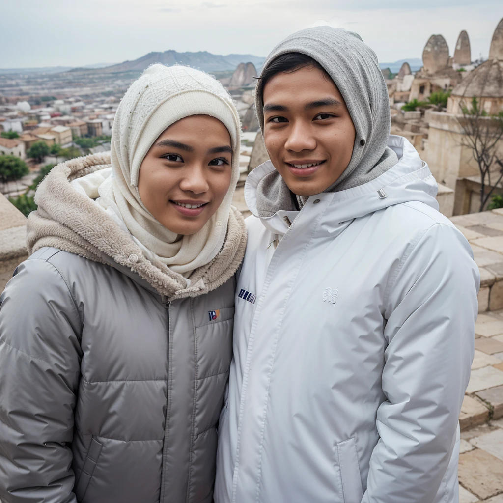 Medium shot of a 25 year old indonesian man, fit body, ideal body, oval face, white skin, nature skin, medium hair, wearing a winter jacket, side by side with a 25 year old indonesian woman with white hijab, gray winter jacket, they smile facing the camera, eye to camera, eye level angle with Cappadocia view in the background