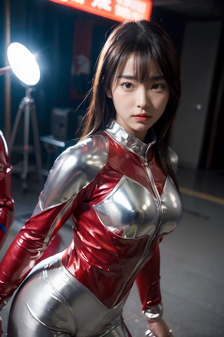 Ultraman、realistic、realistic、cinematic lighting, Girl in a shiny red and silver suit、、professional photos、Don&#39;Do not expose your skin, japanese model, japanese cgi、Ultraman Suit、, Power Rangers Suit、tight and thin cyber suit,Whole body rubbery、There&#39;s pink There、 delicate body, big breasts、small ass、thin thighs、thin arms、thin waist、camel toe、Both sides of the cyber suit stick to the skin、Big eyes、black short hair、facing the front、facing the front立っている、A glowing sphere is embedded in the chest.、Essay Examination、 blue sky background