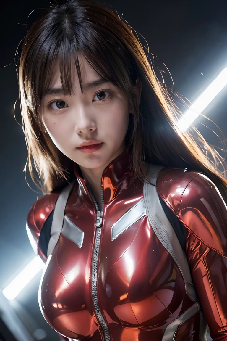 Ultraman、realistic、realistic、cinematic lighting, Girl in a shiny red and silver suit、15 years old、professional photos、Don&#39;Do not expose your skin, japanese model, japanese cgi、Ultraman Suit、, Power Rangers Suit、tight and thin cyber suit,Whole body rubbery、There&#39;s pink There、 delicate body, big breasts、small ass、thin thighs、thin arms、thin waist、camel toe、Both sides of the cyber suit stick to the skin、Big eyes、black short hair、facing the front、facing the front立っている、A glowing sphere is embedded in the chest.、Essay Examination、 blue sky background