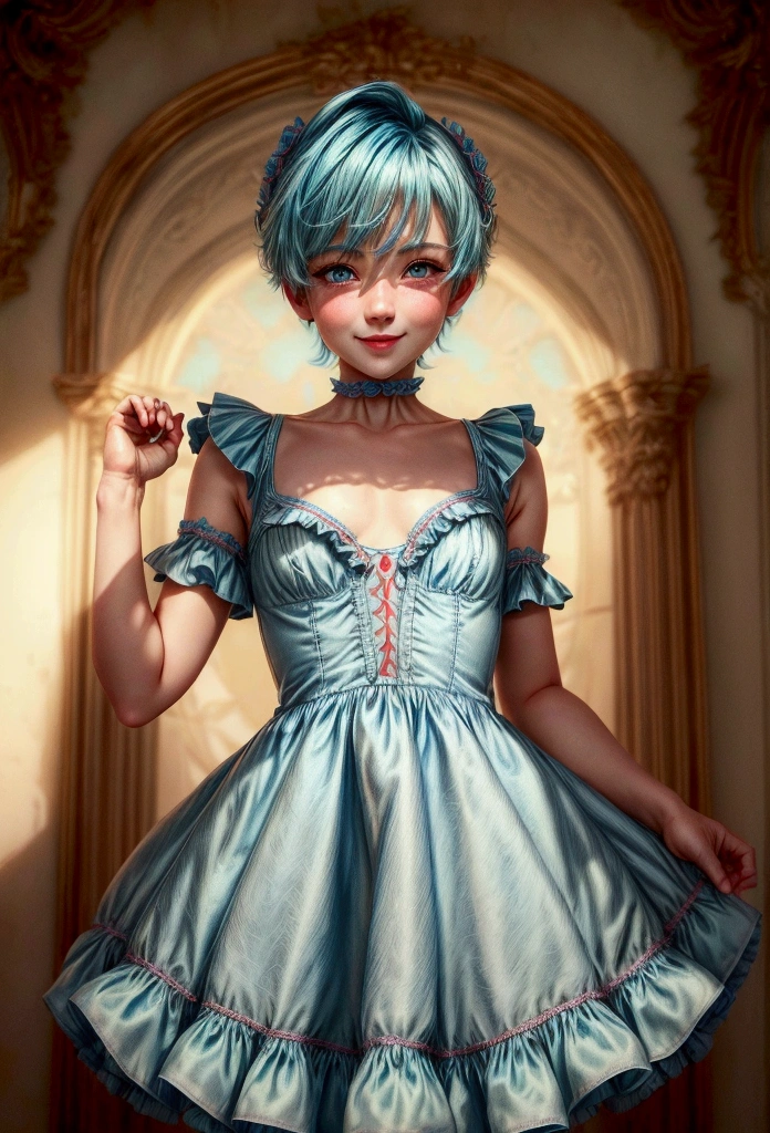 ((best quality)), ((masterpiece)), (detailed), femboy, blue aqua hair, blue eyes,short hair,( flat chest), thin body, big butt, cute face,blush on face, smile face, frilled dress, short dress, red color dress, sexy pose, hot pose, globe background