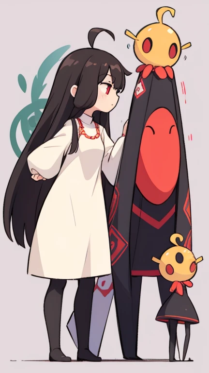 girl　Primary school students　Young Girl　小さいgirl　Height: 130cm　Standing picture Simple design　The dress is a one-piece　camisole　Sleeveless　No sleeve　Long hair　Long Black Hair　Hair is black　Red eyes　Shoulder-baring ahoge　Kokeshi doll