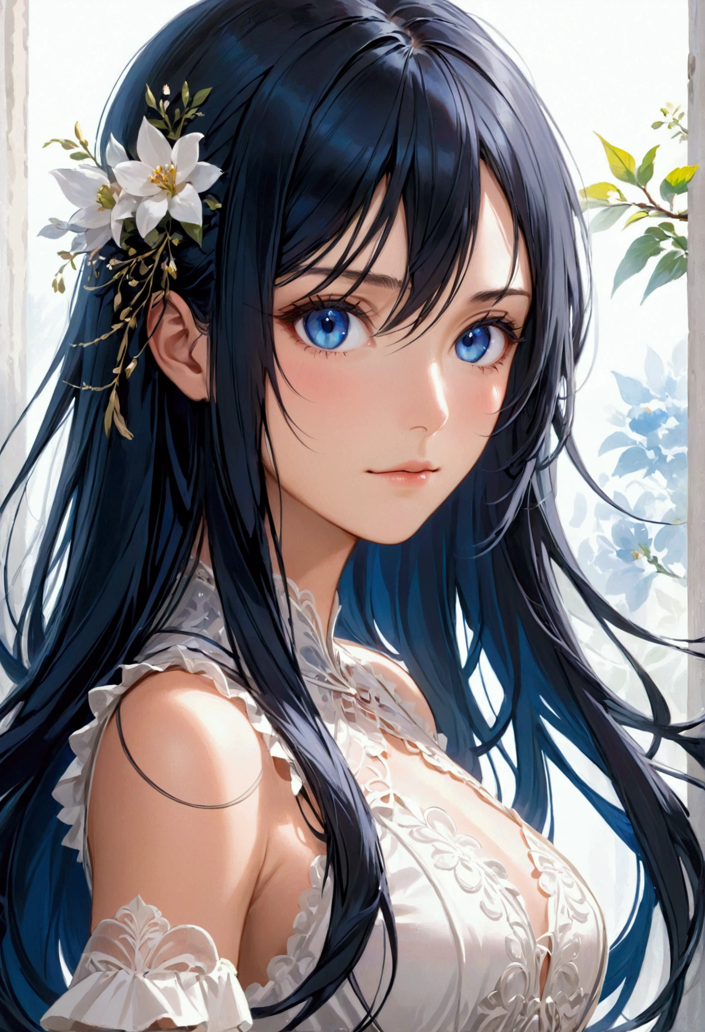 long black hair, dark blue eyes, tall athletic body,mature face, elegant white dress