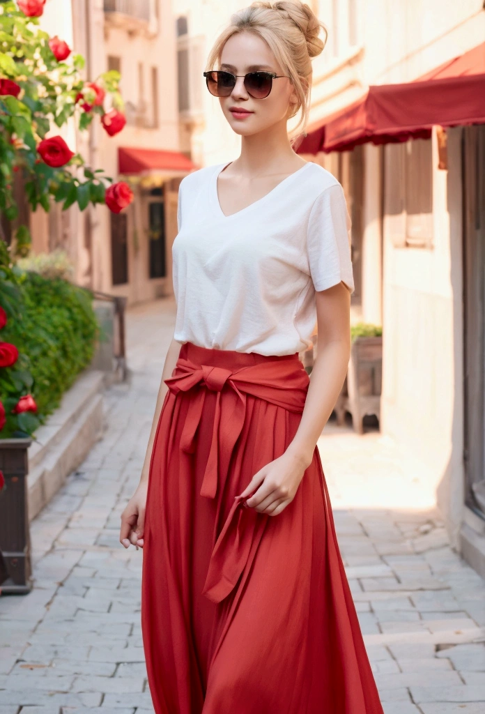 Detail depiction of a beautiful woman walking down the street with a bouquet of red roses, a happy expression, her blonde hair tied in a messy bun, (casual wear: 1.1), a white t-shirt, a long skirt in a flowing summer material, high heels and sunglasses on her head. , flowers on background, store, outdoor, sunny day, (highest quality, 4k,8k, high resolution, masterpiece:1.2), highly detailed,(realistic, photorealistic, photorealistic:1.37),HDR,UHD, studio lighting, ultra fine Painting, Sharp Focus, Physically Based Rendering, High Detail, Professional, Vivid Colors, Bokeh, Portraits