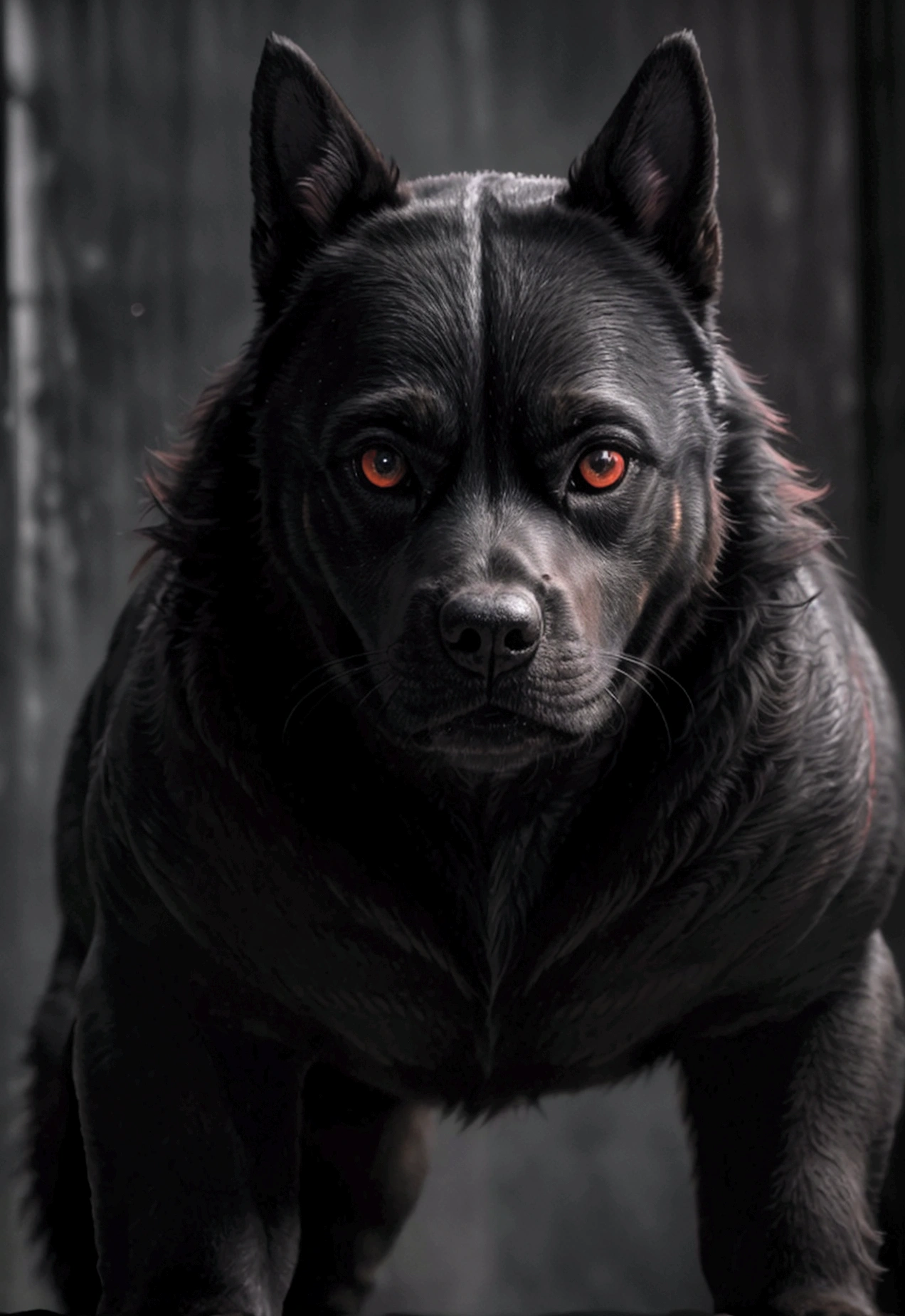 A deeply scary dog with glowing red eyes, leaping to attack, (best quality,4k,8k,highres,masterpiece:1.2),ultra-detailed,(realistic,photorealistic,photo-realistic:1.37),solo,highly detailed face and fur,[dark,ominous],atmospheric lighting,dramatic,cinematic,action pose,powerful muscles,sharp teeth,intense expression,blurred motion,moody colors,chiaroscuro,dramatic shadows