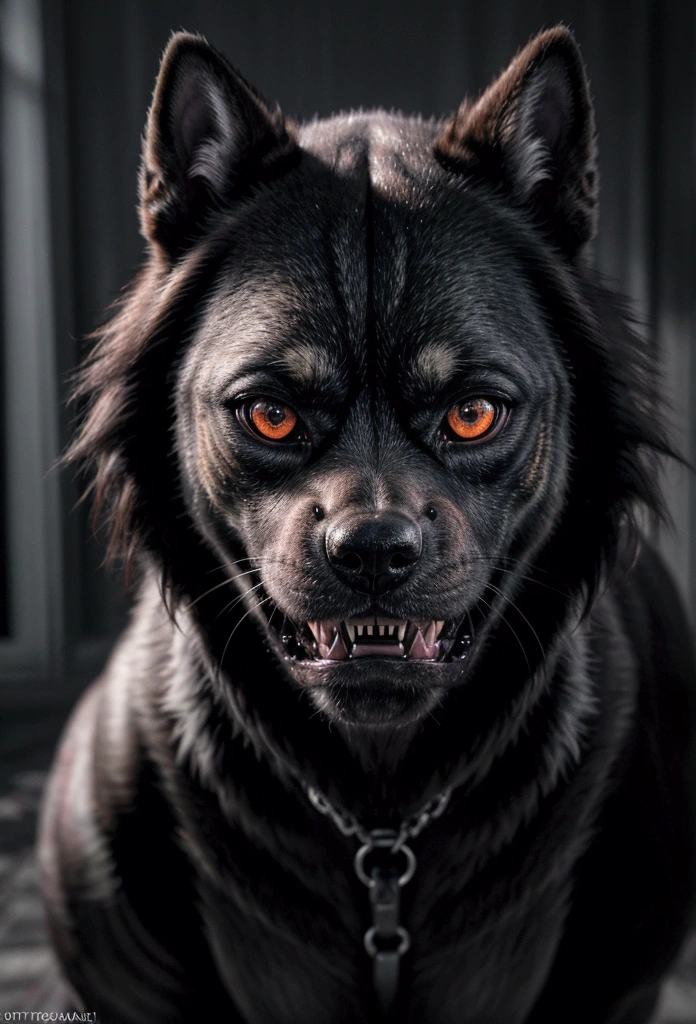A deeply scary dog with glowing red eyes, leaping to attack, (best quality,4k,8k,highres,masterpiece:1.2),ultra-detailed,(realistic,photorealistic,photo-realistic:1.37),solo,highly detailed face and fur,[dark,ominous],atmospheric lighting,dramatic,cinematic,action pose,powerful muscles,sharp teeth,intense expression,blurred motion,moody colors,chiaroscuro,dramatic shadows