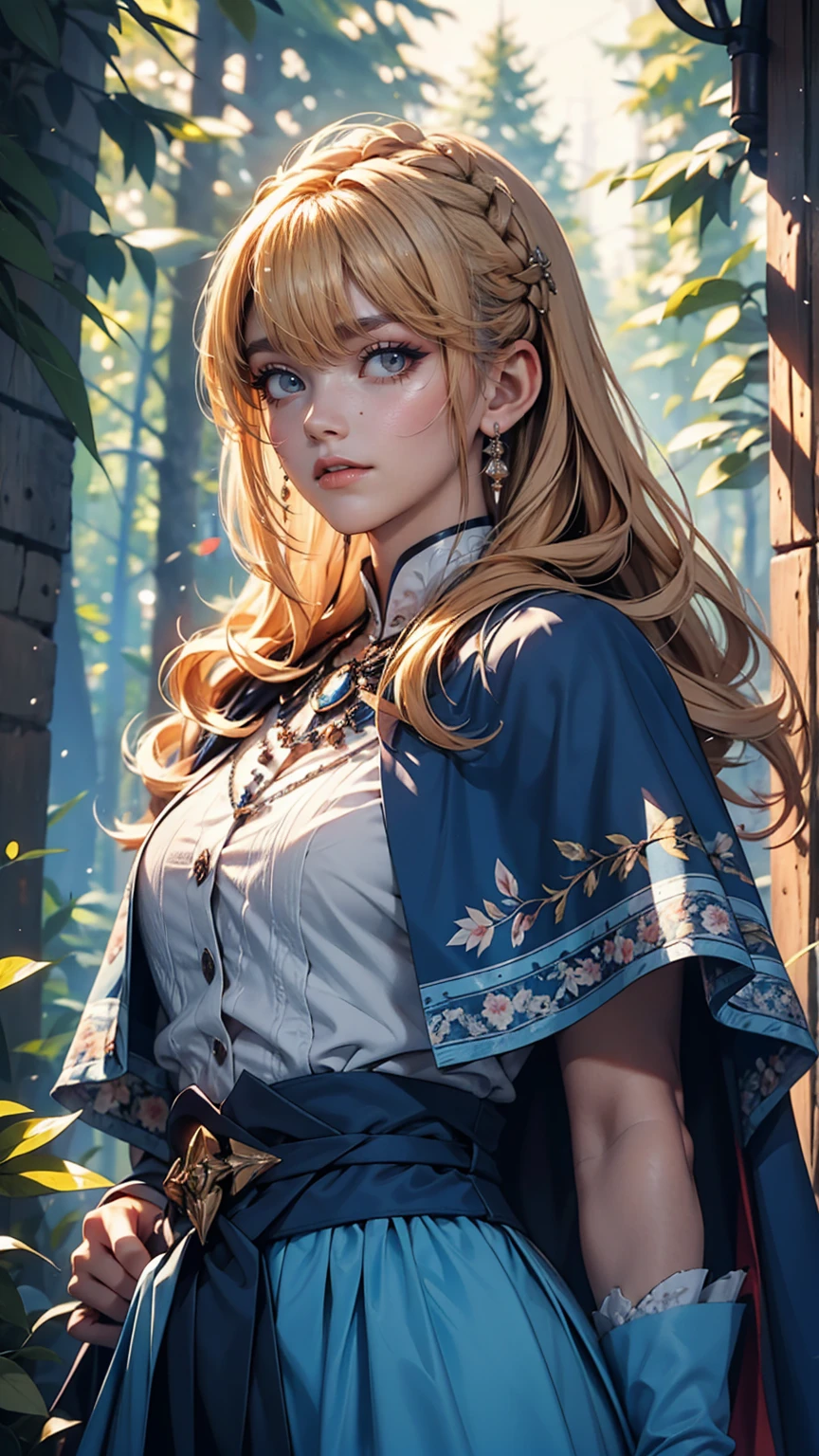 masterpiece, Highest quality, Marianne_Time Skip, Blue clothes, Capelet, Dark alpine forest, Are standing, night, look up, Upper Body, Detailed face 、pussy