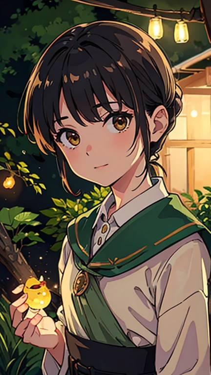 (8k, top quality, masterpiece: 1.2), Super detail, A girl, wide viewing angle, firefly garden, many small dim lights and fireflies flying around, evening