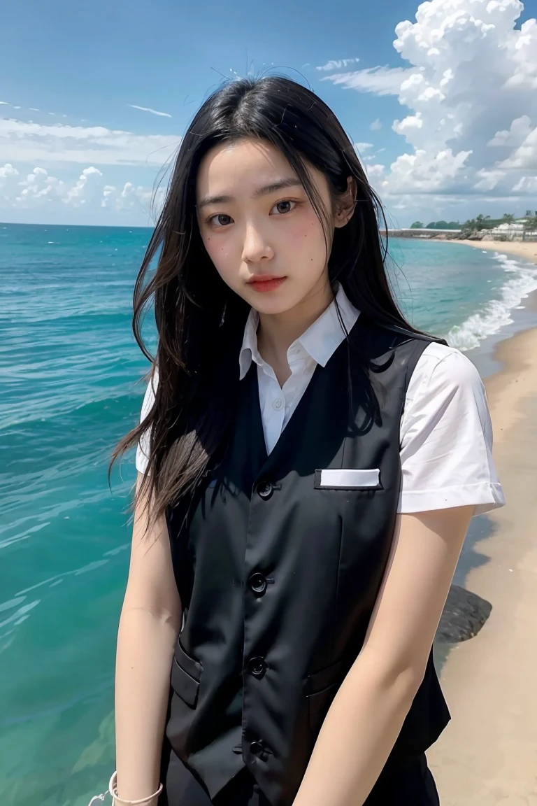a young man with long black hair and a vest on standing in front of the ocean with a blue sky, (1girl:0.955), (bangs:0.575), (black eyes:0.572), (black hair:0.709), (blue sky:0.985), (closed mouth:0.536), (cloud:0.927), (day:0.980), (horizon:0.816), (japanese clothes:0.511), (lips:0.764), (long hair:0.775), (looking at viewer:0.811), (nose:0.534), (ocean:0.950), (outdoors:0.734), (realistic:0.814), (sky:0.988), (solo:0.937), (upper body:0.557), (water:0.600)