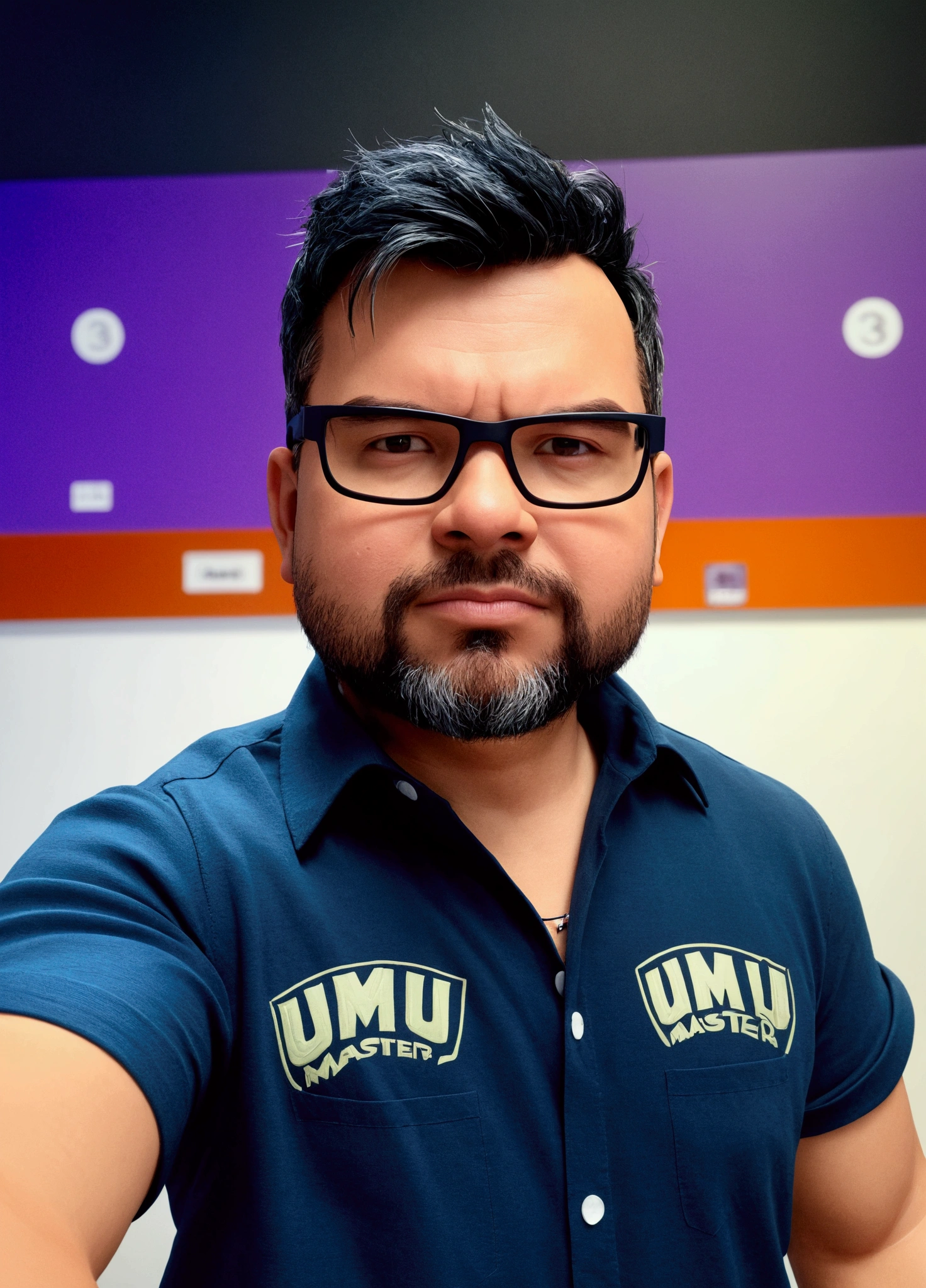 Cartoon character of a man wearing black glasses and a blue shirt, um personagem animado, Caractere estilizado, animation style rendering, 3D estilizado, Arnold Maya render, 3 d render stylized, toon render keyshot, Personagem 3D, Personagem 3D, 3d rendering stylized, 3 d character render, personagem de desenho animado, Personagem de close up, Pose de personagem, (Estilo Pixar) (master part:1.2) (Bokeh) (best quality) (pele detalhada) (textura detalhada) (8k) (argila) (Cinematic lighting) (foco nítido，Senta e vaza a parte superior do corpo
