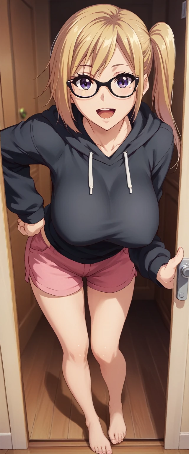 kawakamimai, best quality, masterpiece, ultra-detailed, high quality, highres, 1girl, mature female, blonde hair, beautiful, beautiful and perfect face, detailed eyes, detailed eyelashes, (black glasses:1.1), smile, open mouth, looking at viewer, (black hoodie, pink shorts), large breasts, sexy curvy body, POV, close shot, from the front, standing, full body, feet, in home, open the door, leaning forward