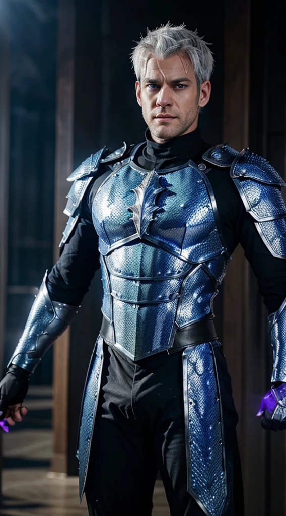 "A brave and handsome Garou stood straight, his white hair reflecting the bright light, his blue eyes glowing. His handsome face exuded a cold, determined expression as he wore full body armor made of dragon scales, shimmering with the colors of hellfire and purple. black lightning."