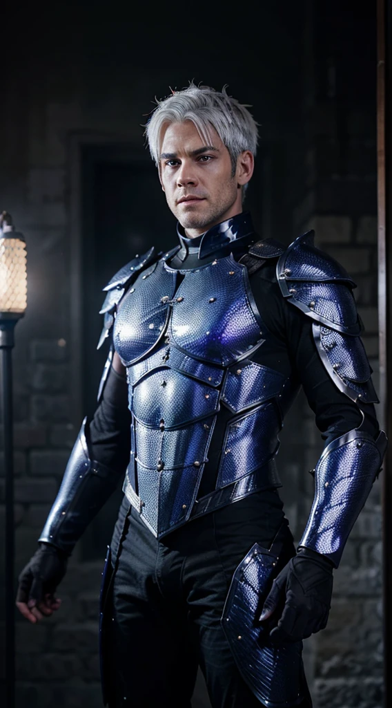 "A brave and handsome Garou stood straight, his white hair reflecting the bright light, his blue eyes glowing. His handsome face exuded a cold, determined expression as he wore full body armor made of dragon scales, shimmering with the colors of hellfire and purple. black lightning."