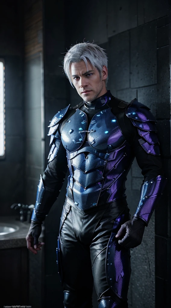 "A brave and handsome Garou stood straight, his white hair reflecting the bright light, his blue eyes glowing. His handsome face exuded a cold, determined expression as he wore full body armor made of dragon scales, shimmering with the colors of hellfire and purple. black lightning."